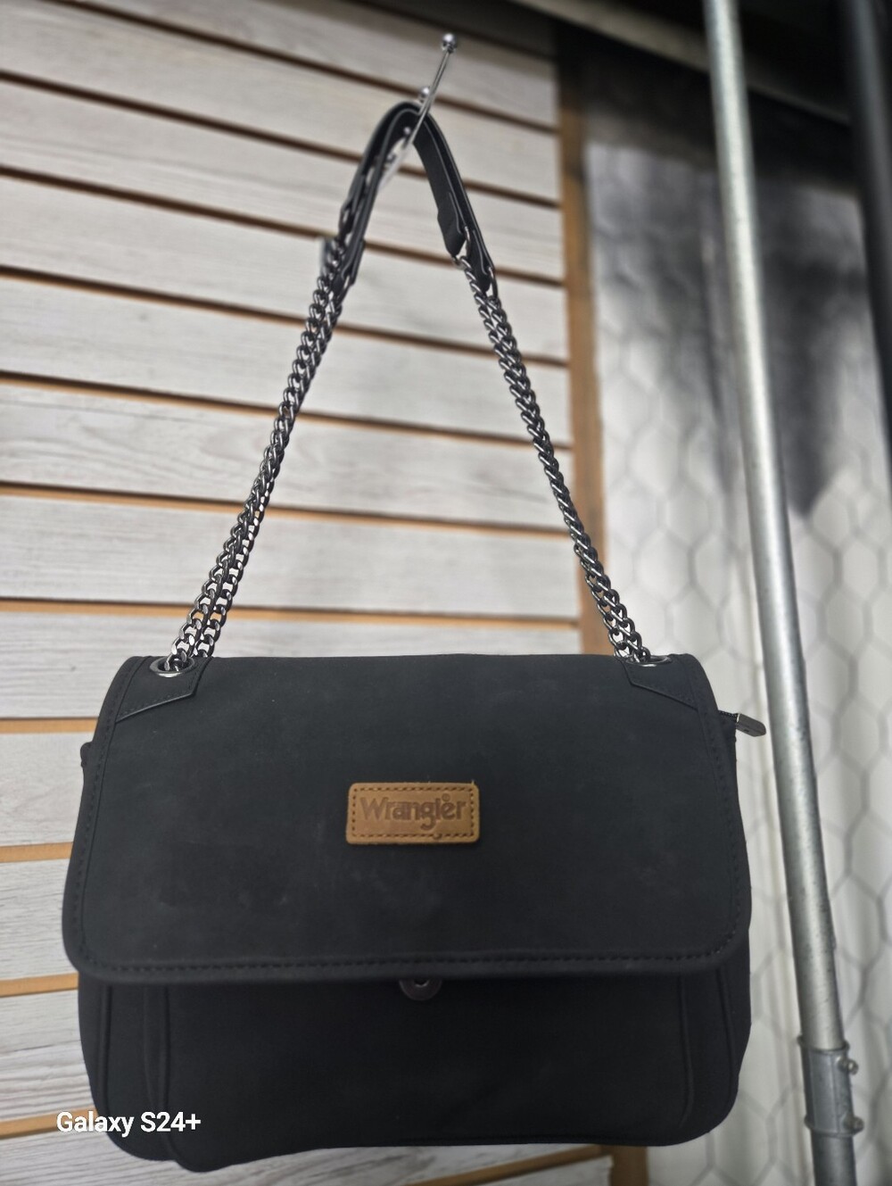 Wrangler Black Shoulder Bag with Chain Strap and Tan Logo Patch